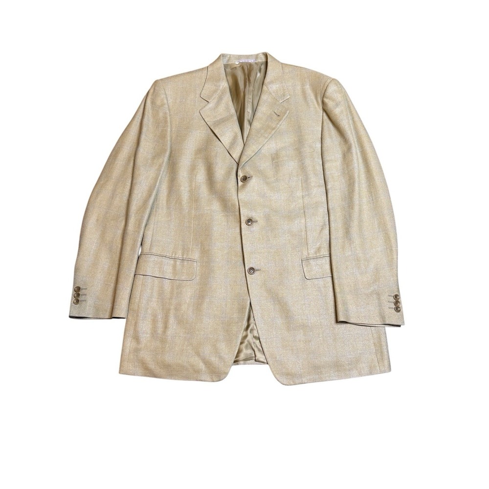 Canali Mens Windowpane‎ Silk Wool Linen Brown Blue Size 44 Long Sports Coat